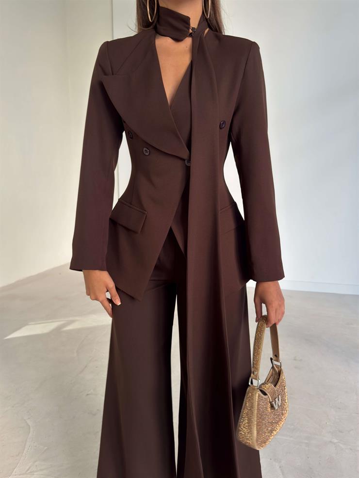 Kuşaklı Belden Oturtmalı Kruvaze Kesim Galvin Kahve Kadın İkili Takım 26K243