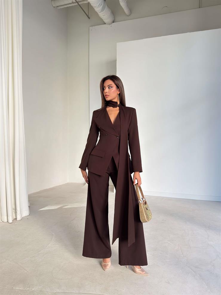 Kuşaklı Belden Oturtmalı Kruvaze Kesim Galvin Kahve Kadın İkili Takım 26K243