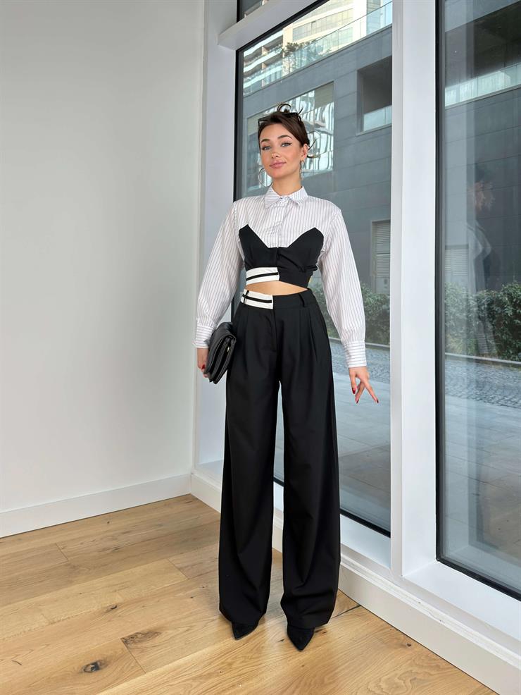 Çizgili Garnili Kadın Siyah Crop Gömlek 24Y195