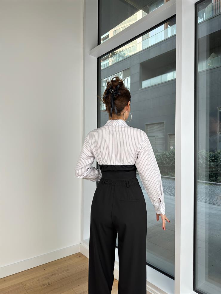 Çizgili Garnili Kadın Siyah Crop Gömlek 24Y195