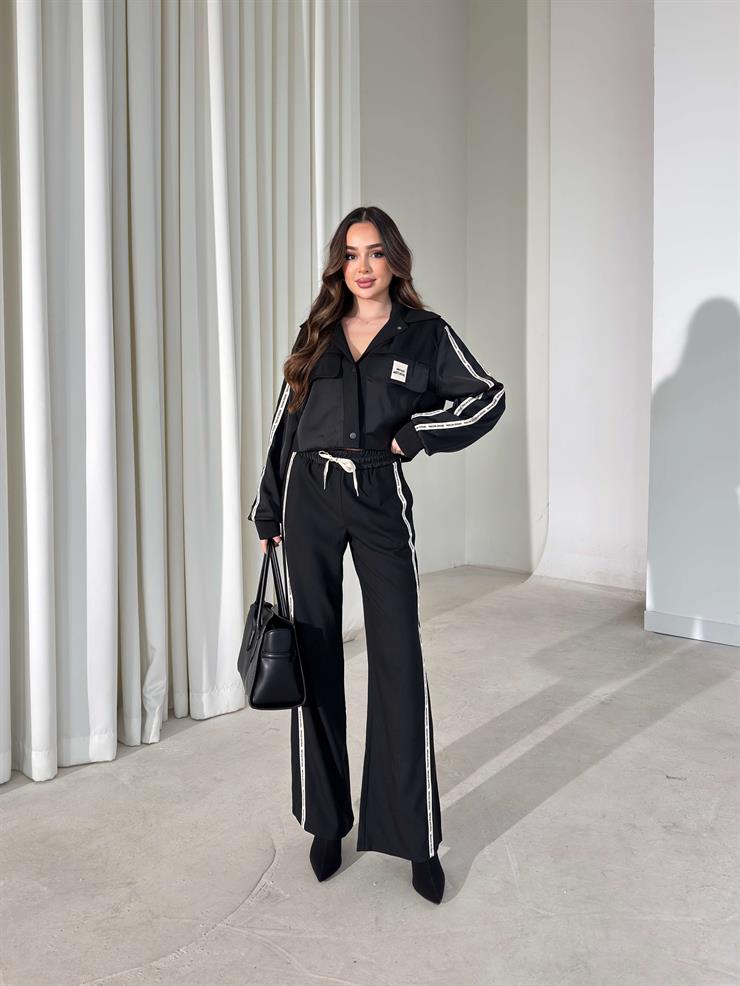 Cepli Yazı Detaylı Garnili Siyah Kadın İkili Takım 26K405