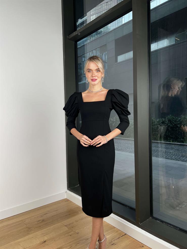 Kare Yaka Omuz Detaylı Gary Kadın Siyah Elbise 24k295