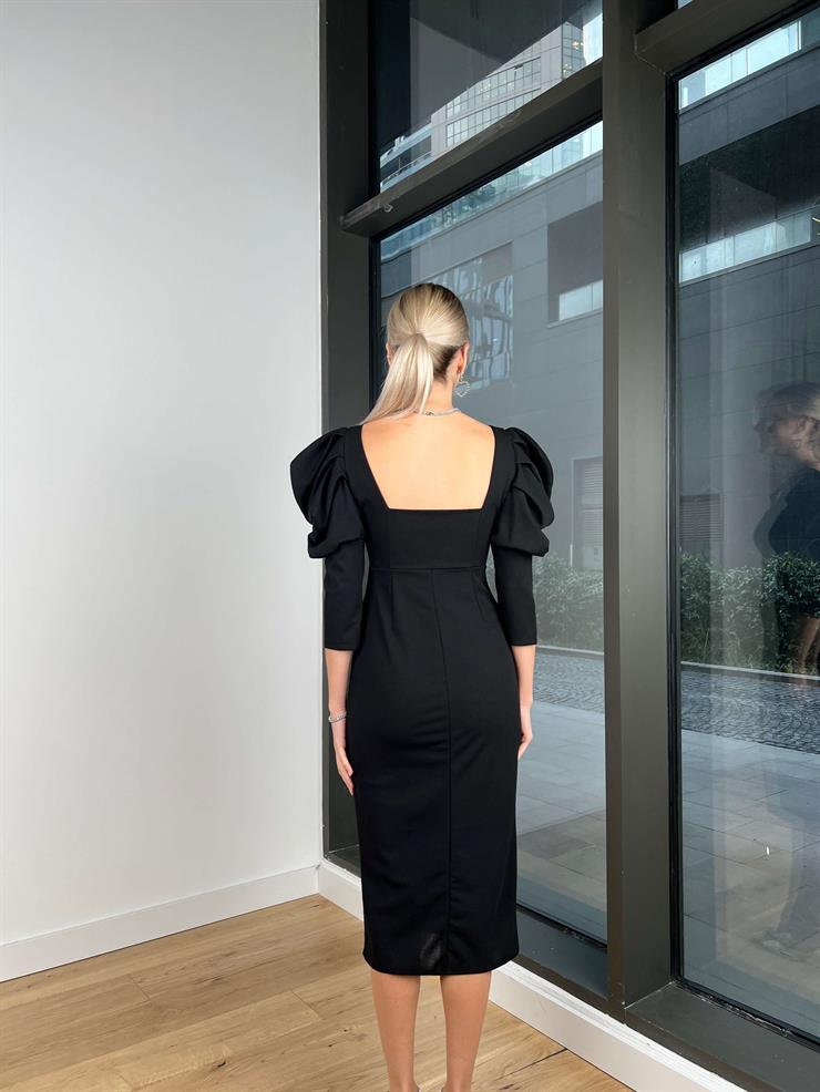 Kare Yaka Omuz Detaylı Gary Kadın Siyah Elbise 24k295