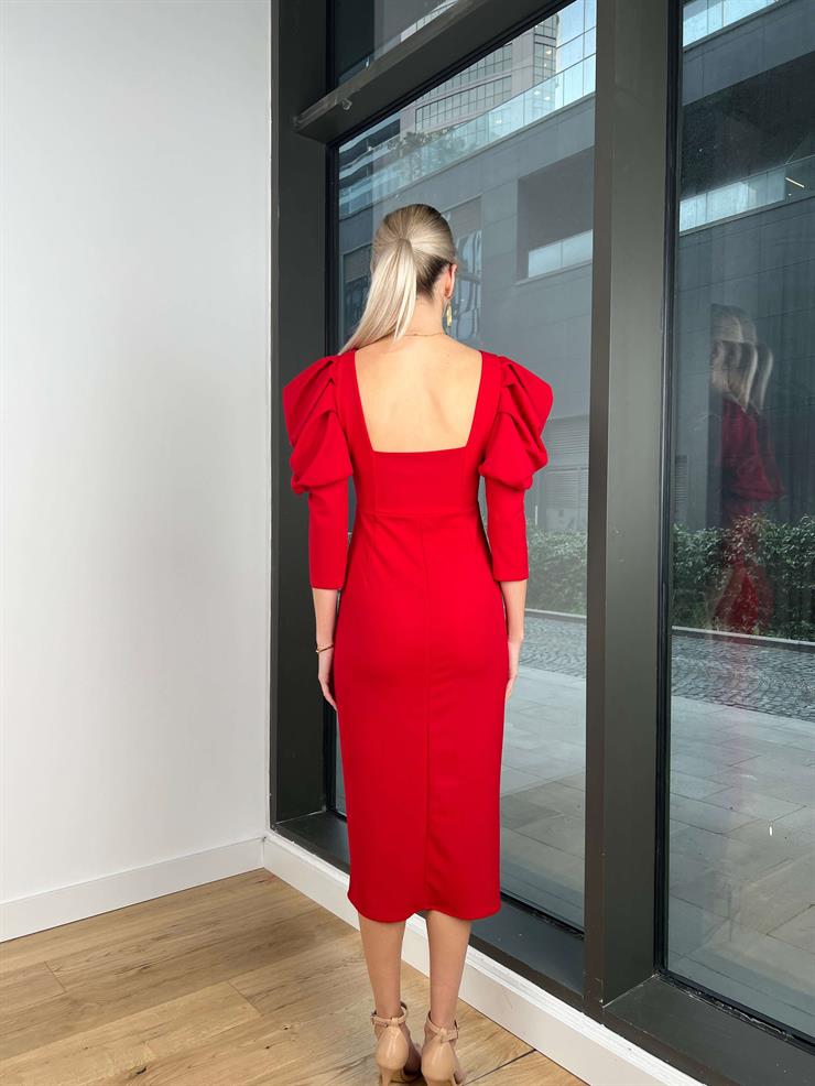 Kare Yaka Omuz Detaylı Gary Kadın Kırmızı Elbise 24k295