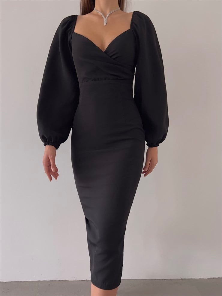 Kruvaze Yaka Lastikli Uzun Kol Gaspara Kadın Siyah Midi Boy Elbise 23K000208