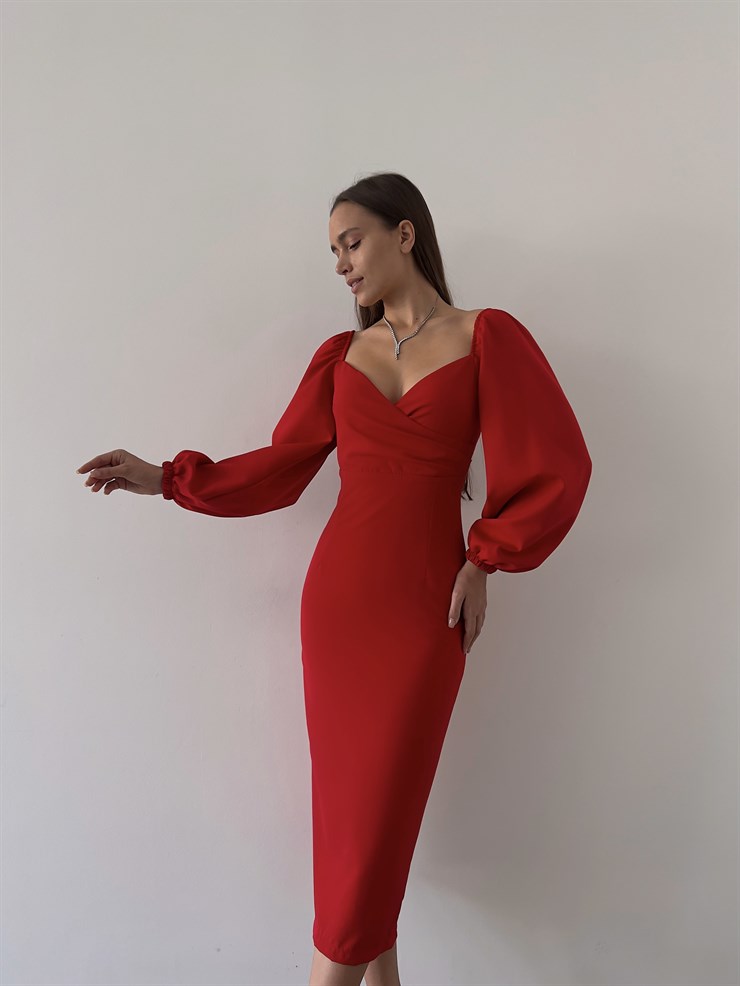 Kruvaze Yaka Lastikli Uzun Kol Gaspara Kadın Kırmızı Midi Boy Elbise 23K000208