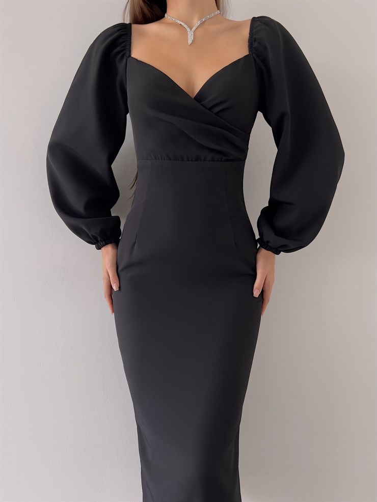 Kruvaze Yaka Lastikli Uzun Kol Gaspara Kadın Siyah Midi Boy Elbise 23K000208