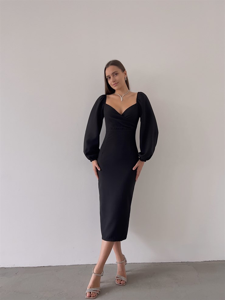 Kruvaze Yaka Lastikli Uzun Kol Gaspara Kadın Siyah Midi Boy Elbise 23K000208