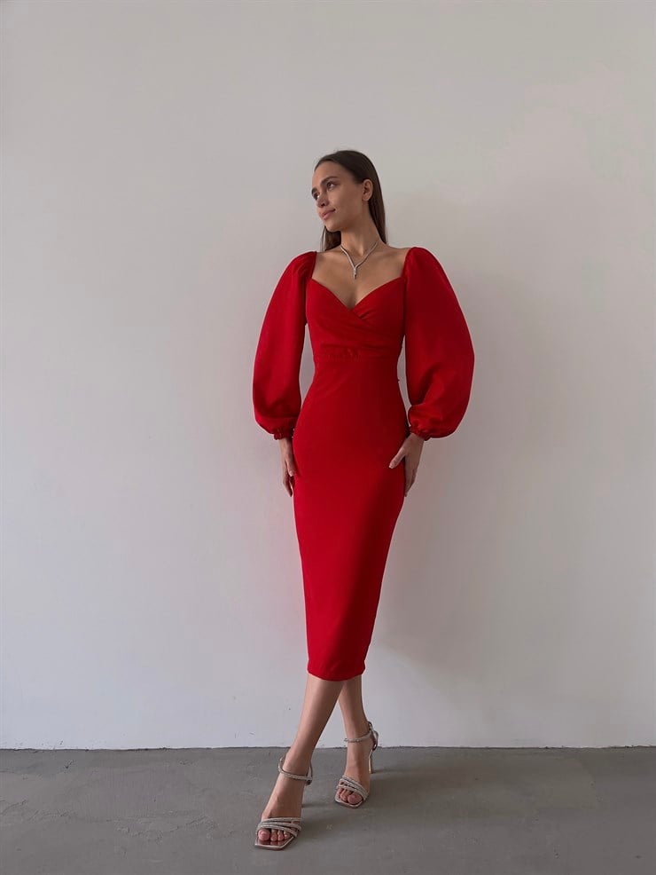Kruvaze Yaka Lastikli Uzun Kol Gaspara Kadın Kırmızı Midi Boy Elbise 23K000208