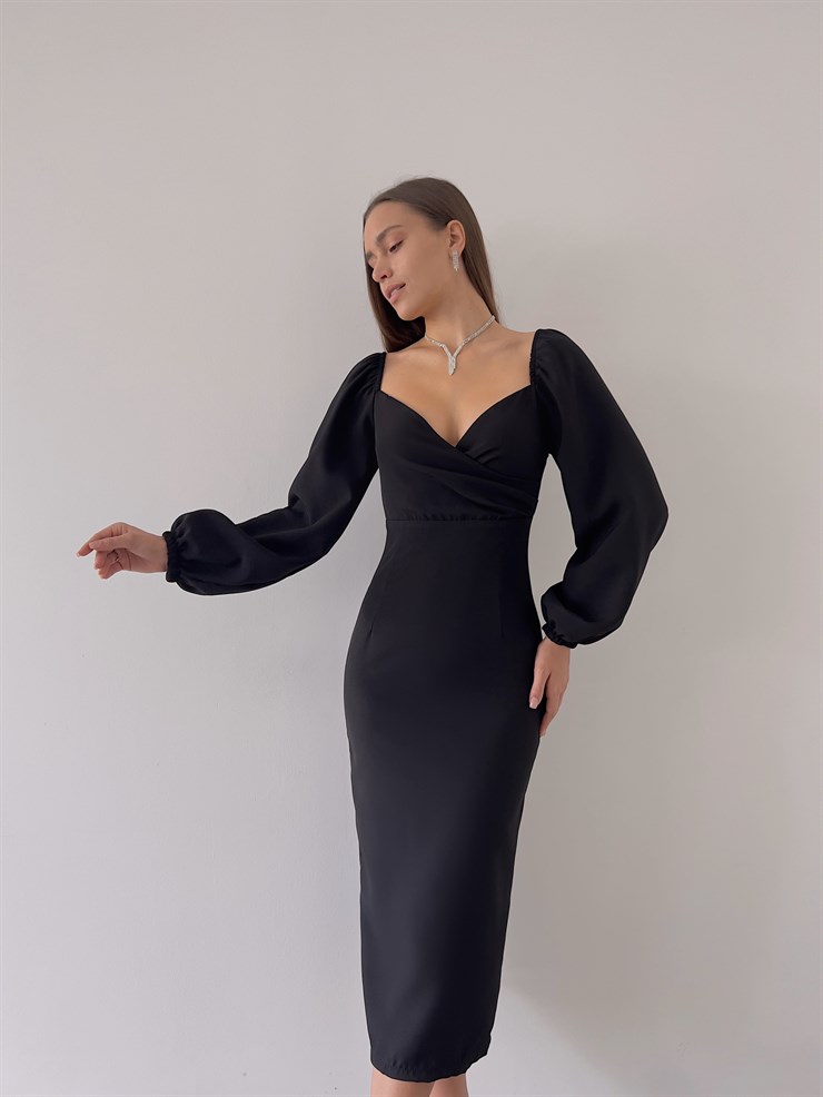 Kruvaze Yaka Lastikli Uzun Kol Gaspara Kadın Siyah Midi Boy Elbise 23K000208