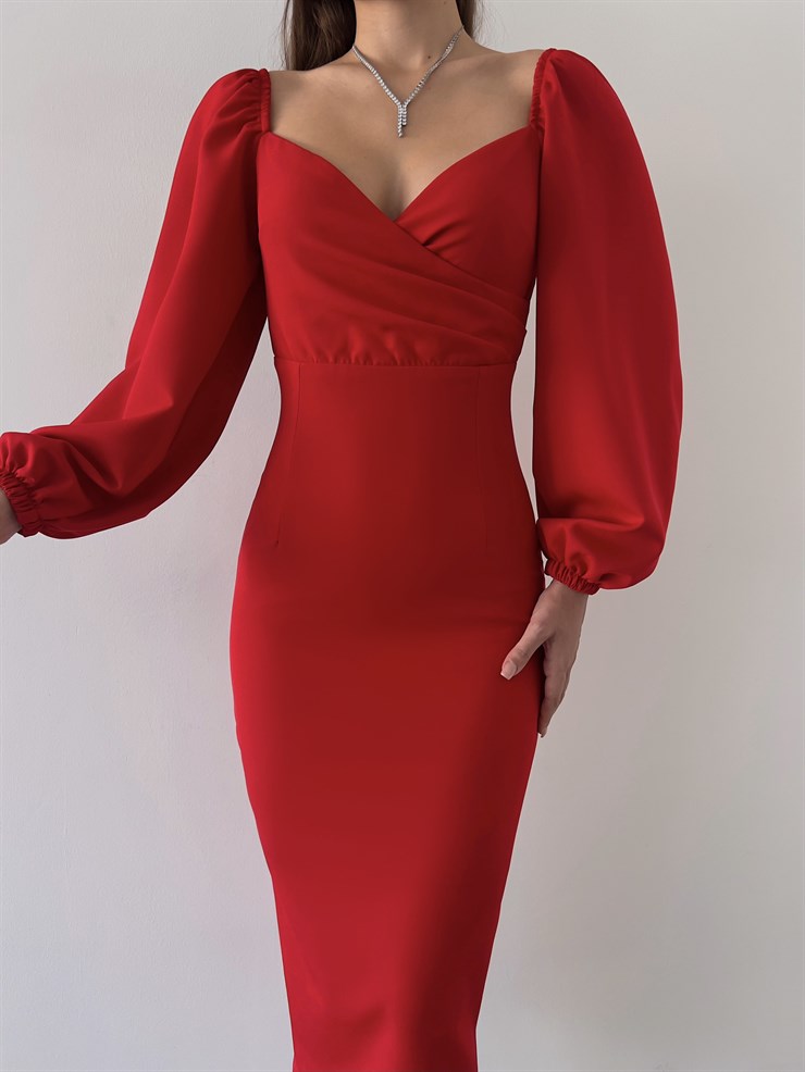 Kruvaze Yaka Lastikli Uzun Kol Gaspara Kadın Kırmızı Midi Boy Elbise 23K000208