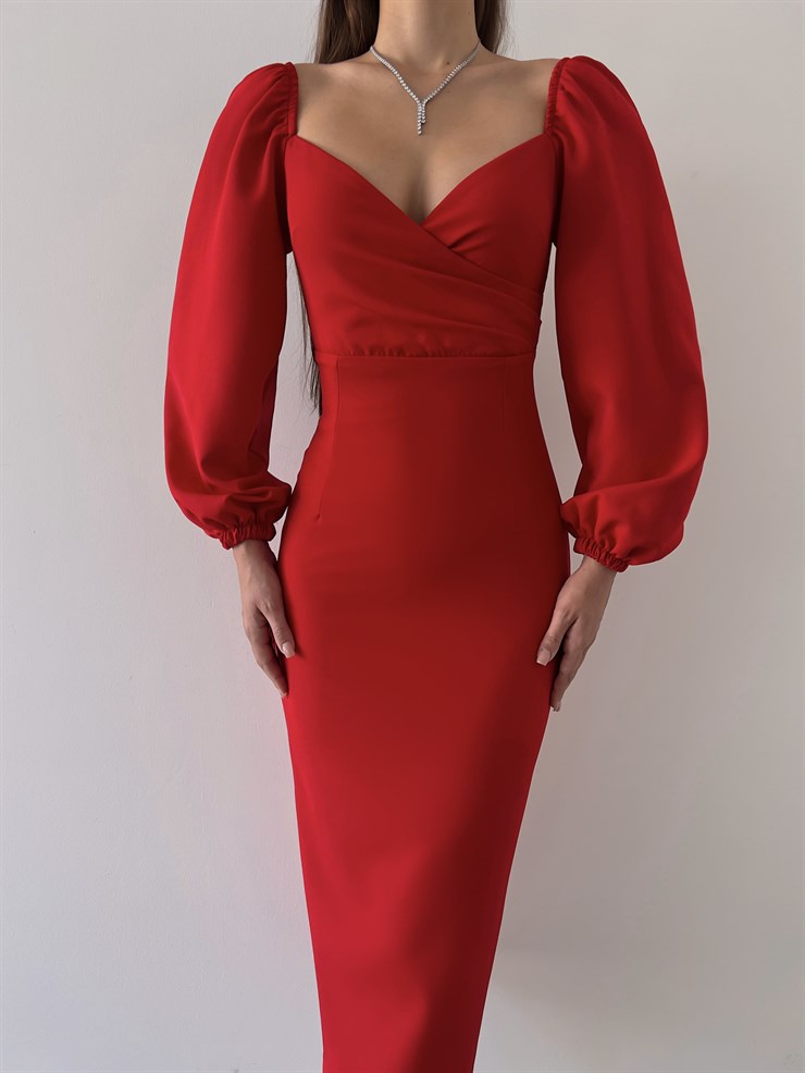 Kruvaze Yaka Lastikli Uzun Kol Gaspara Kadın Kırmızı Midi Boy Elbise 23K000208