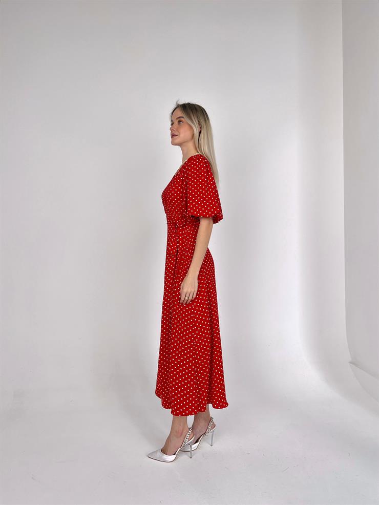 Yarım Balon Kol Kruvaze Yaka Belden Kuşakllı Yırtmaçlı Gavin Kadın Kırmızı Midi Elbise 23K000448