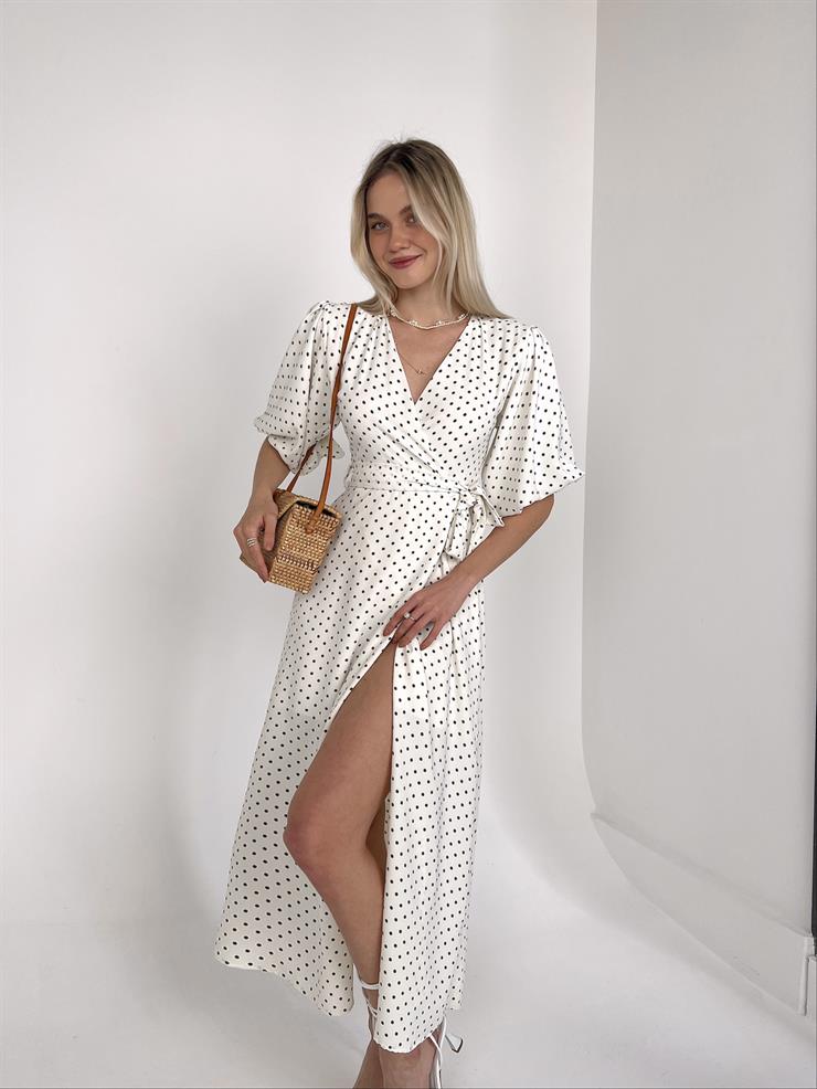 Yarım Balon Kol Kruvaze Yaka Belden Kuşakllı Yırtmaçlı Gavin Kadın Ekru Midi Elbise 23K000448