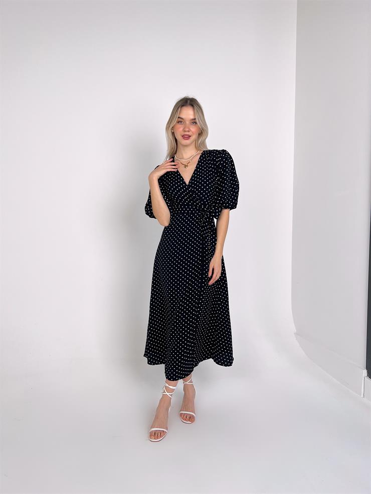 Yarım Balon Kol Kruvaze Yaka Belden Kuşakllı Yırtmaçlı Gavin Kadın Siyah Midi Elbise 23K000448