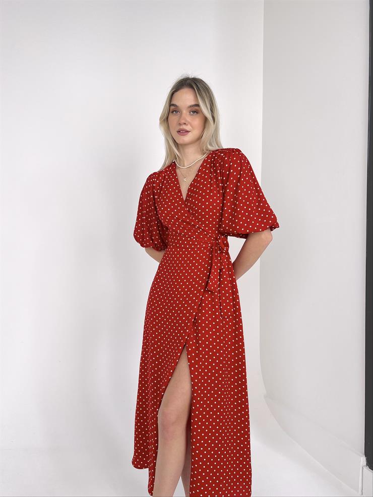 Yarım Balon Kol Kruvaze Yaka Belden Kuşakllı Yırtmaçlı Gavin Kadın Kırmızı Midi Elbise 23K000448