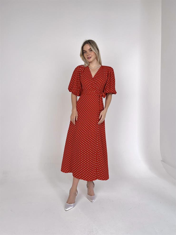 Yarım Balon Kol Kruvaze Yaka Belden Kuşakllı Yırtmaçlı Gavin Kadın Kırmızı Midi Elbise 23K000448