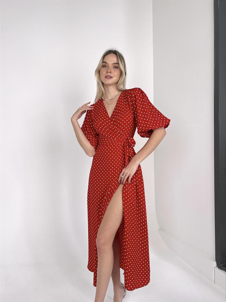 Yarım Balon Kol Kruvaze Yaka Belden Kuşakllı Yırtmaçlı Gavin Kadın Kırmızı Midi Elbise 23K000448