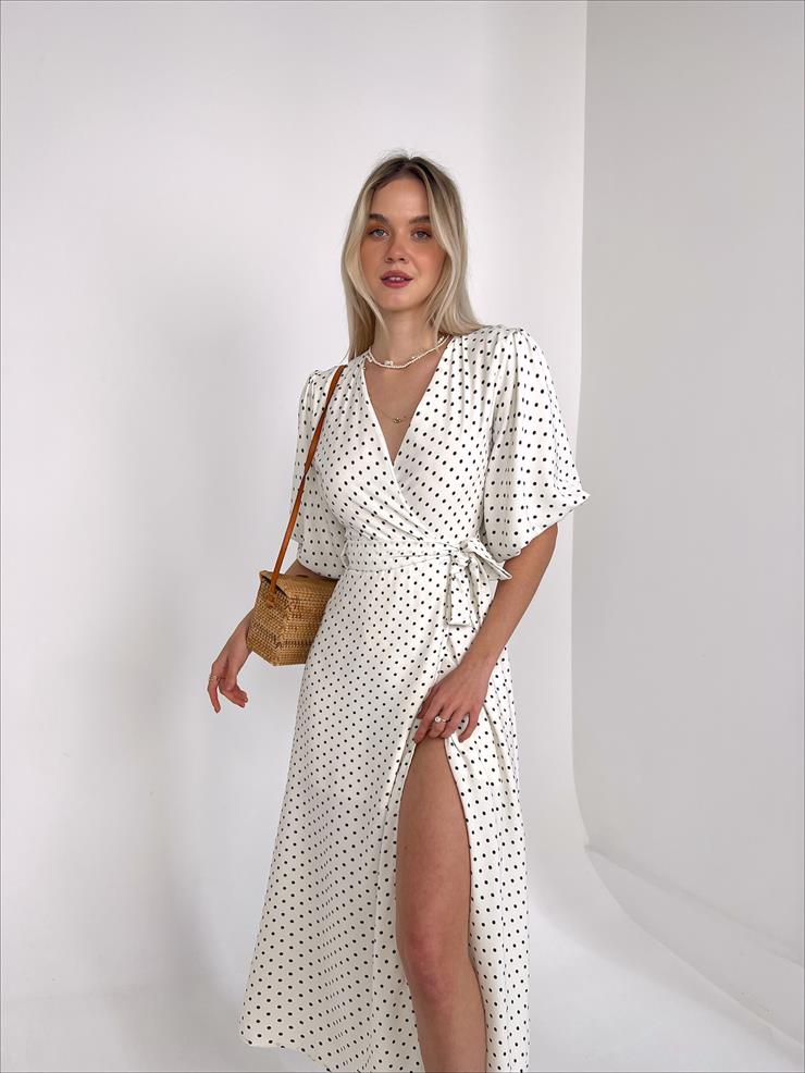 Yarım Balon Kol Kruvaze Yaka Belden Kuşakllı Yırtmaçlı Gavin Kadın Ekru Midi Elbise 23K000448