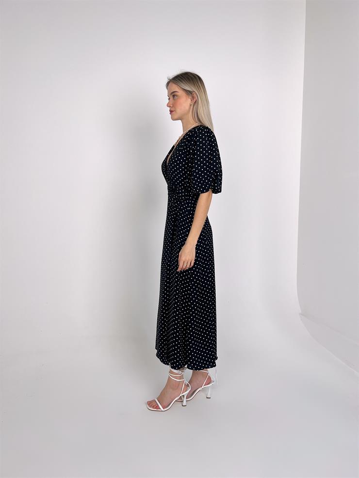 Yarım Balon Kol Kruvaze Yaka Belden Kuşakllı Yırtmaçlı Gavin Kadın Siyah Midi Elbise 23K000448