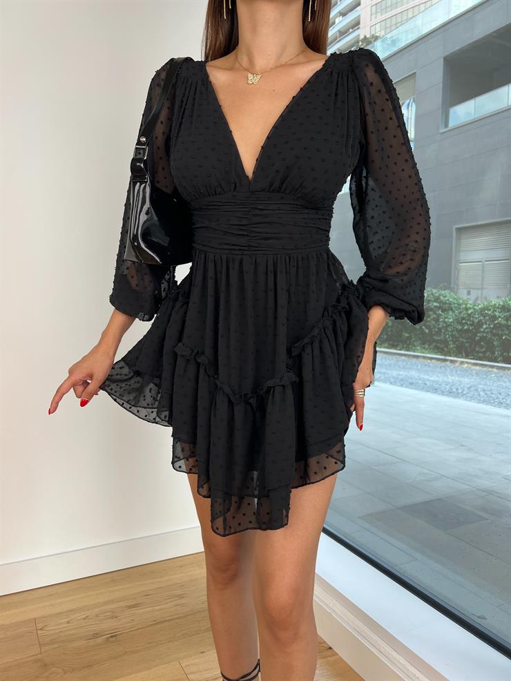 V Yaka Uzun Tül Kol Beli Drapeli Sırt Dekolteli Gavrilo Kadın Siyah Mini Elbise 24Y828