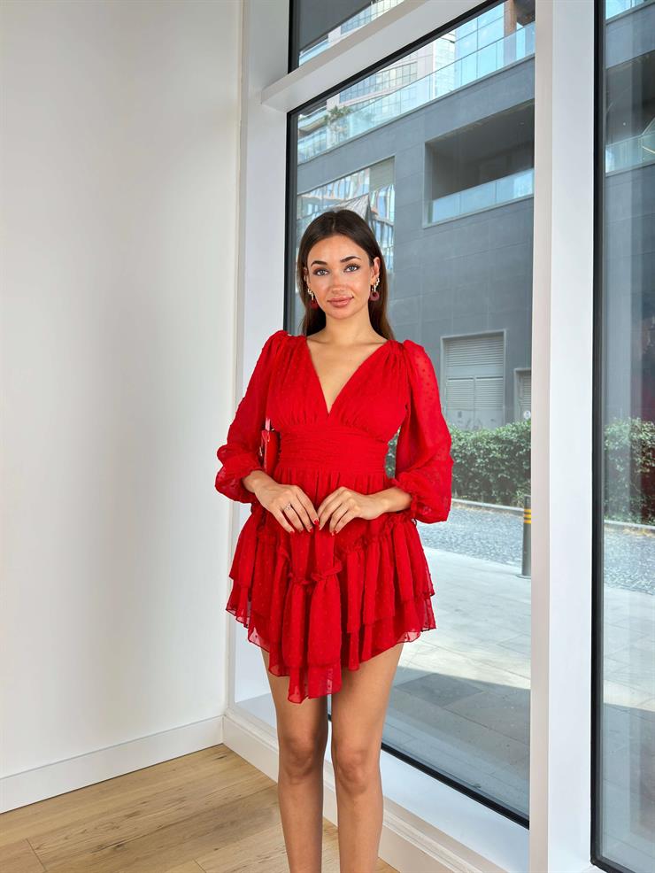 V Yaka Uzun Tül Kol Beli Drapeli Sırt Dekolteli Gavrilo Kadın Kırmızı Mini Elbise 24Y828