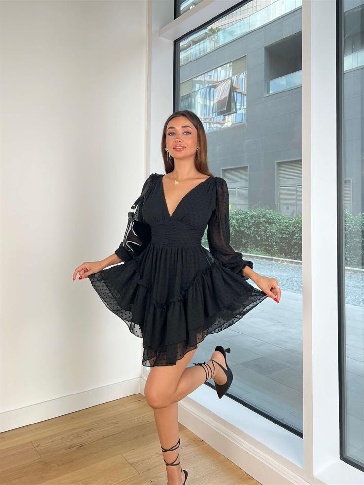 V Yaka Uzun Tül Kol Beli Drapeli Sırt Dekolteli Gavrilo Kadın Siyah Mini Elbise 24Y828