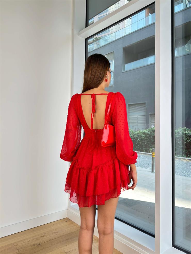 V Yaka Uzun Tül Kol Beli Drapeli Sırt Dekolteli Gavrilo Kadın Kırmızı Mini Elbise 24Y828