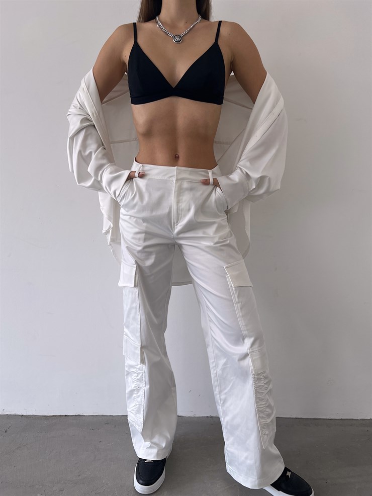 Yanları Cepli Geniş Paça Gekas Kadın Ekru Pantolon 23K000254