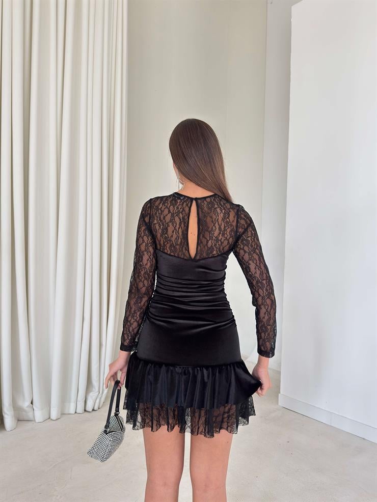 Kolları Dantel Drape Detaylı Kadife Gelmer Siyah Kadın Elbise 26K298