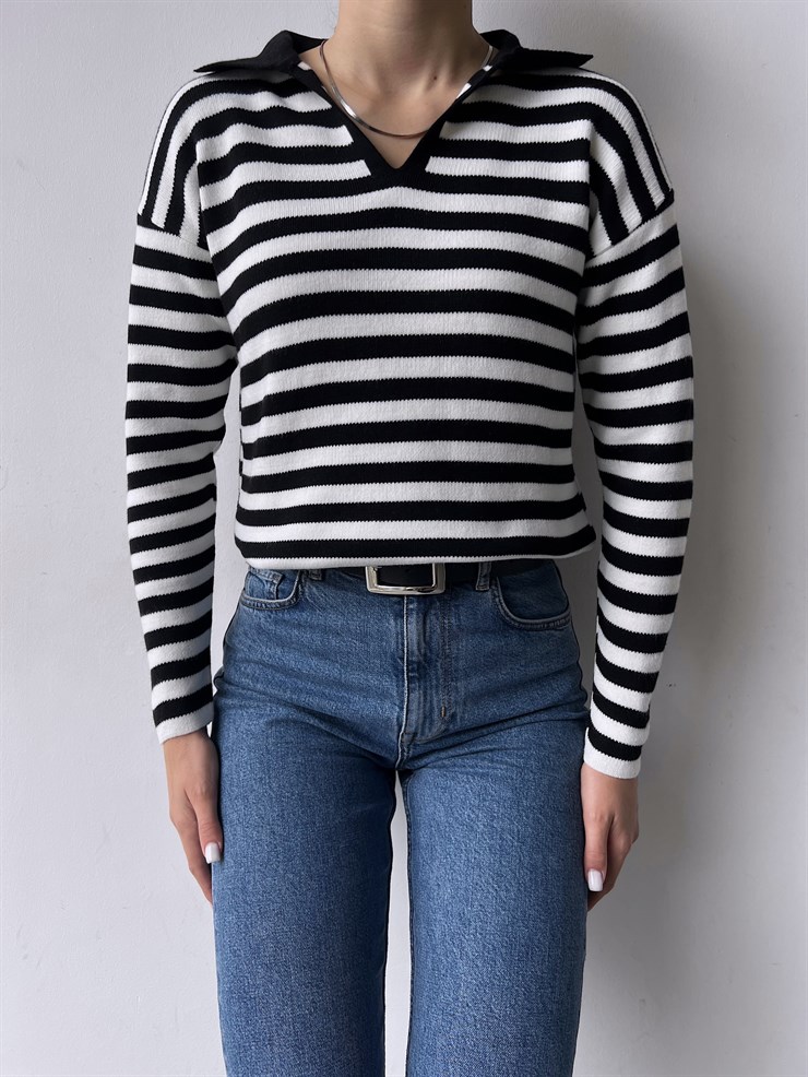 Polo Yaka Çizgili Gemma Kadın Siyah Triko Kazak 23K000297