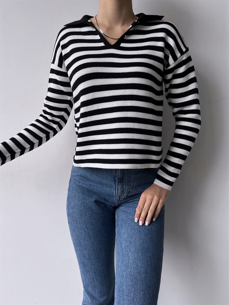 Polo Yaka Çizgili Gemma Kadın Siyah Triko Kazak 23K000297