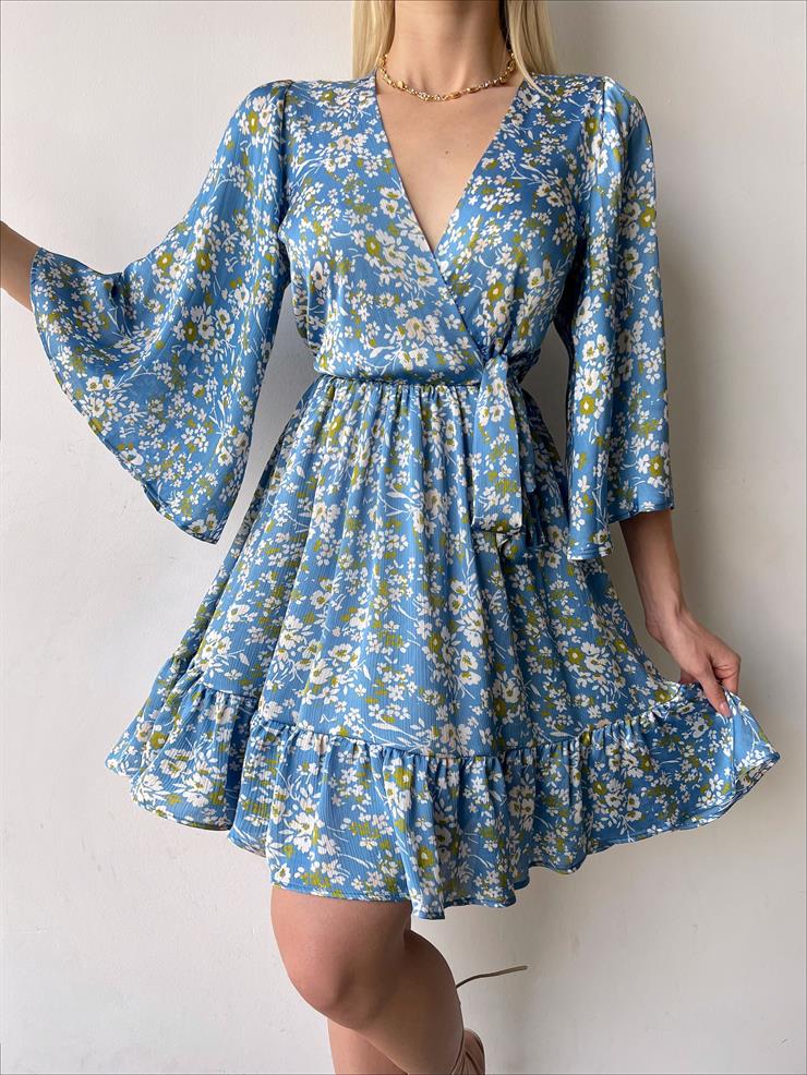 Kruvaze Yaka Beli Lastikli Gemustert Kadın Mavi Mini Elbise 23Y000264