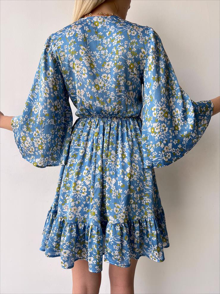 Kruvaze Yaka Beli Lastikli Gemustert Kadın Mavi Mini Elbise 23Y000264