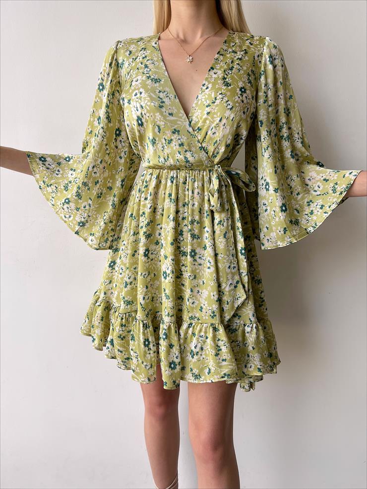 Kruvaze Yaka Beli Lastikli Gemustert Kadın Yeşil Mini Elbise 23Y000264