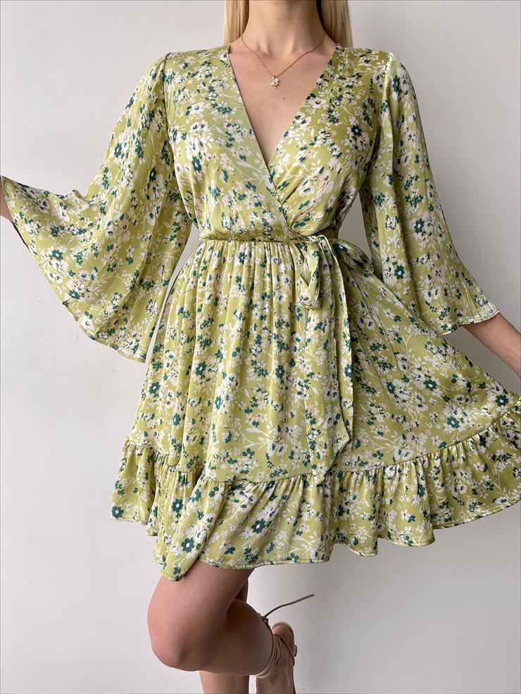 Kruvaze Yaka Beli Lastikli Gemustert Kadın Yeşil Mini Elbise 23Y000264