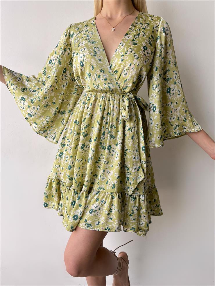 Kruvaze Yaka Beli Lastikli Gemustert Kadın Yeşil Mini Elbise 23Y000264