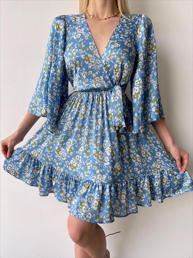 Kruvaze Yaka Beli Lastikli Gemustert Kadın Mavi Mini Elbise 23Y000264