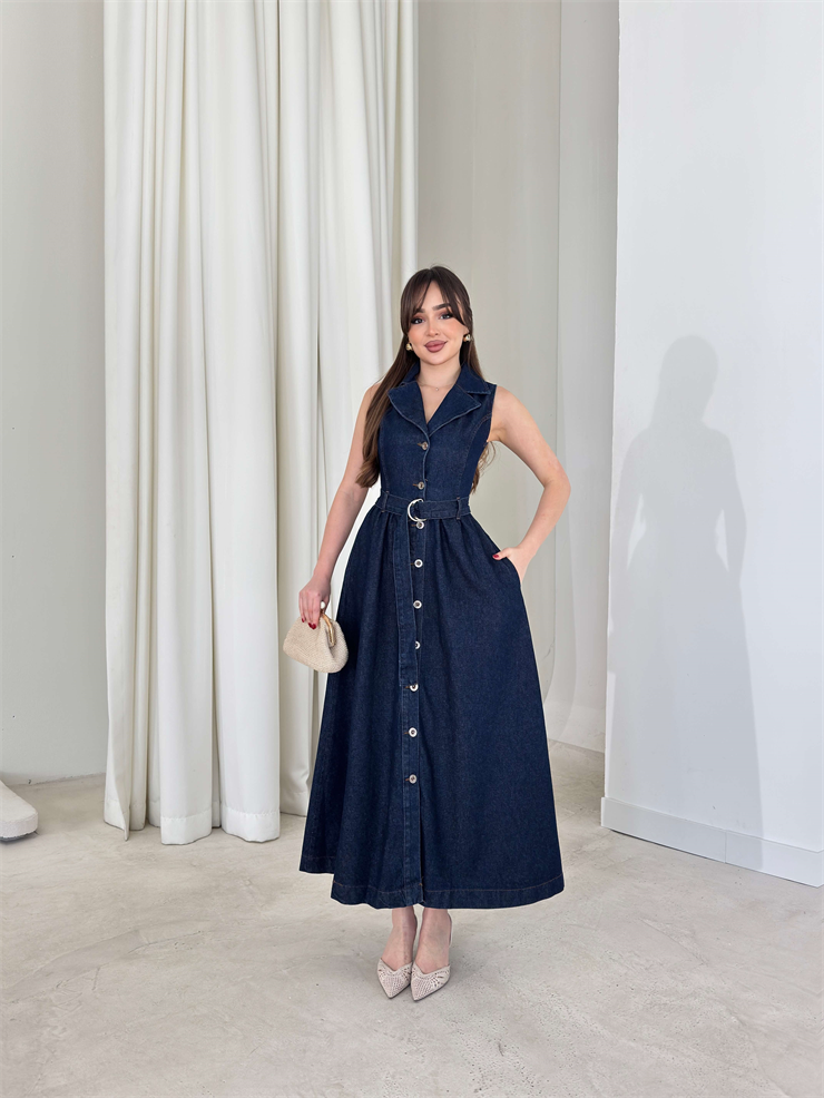 Sıfır Kol Kemerli Önü Düğmeli Belden Oturtmalı Genesis Kot Lacivert Kadın Elbise 26Y140