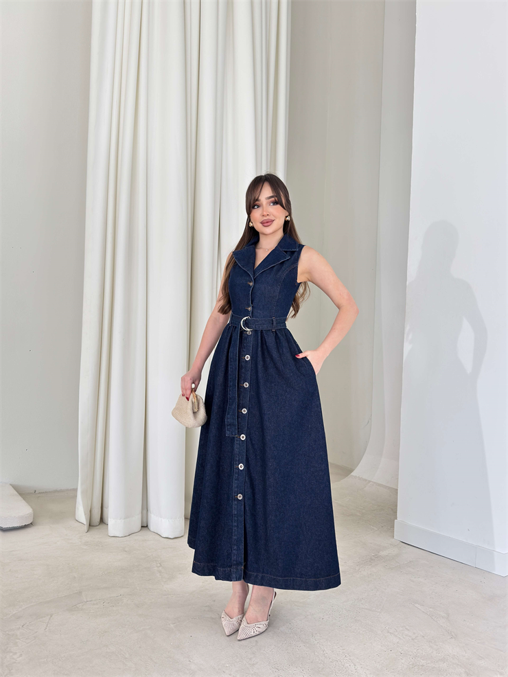 Sıfır Kol Kemerli Önü Düğmeli Belden Oturtmalı Genesis Kot Lacivert Kadın Elbise 26Y140