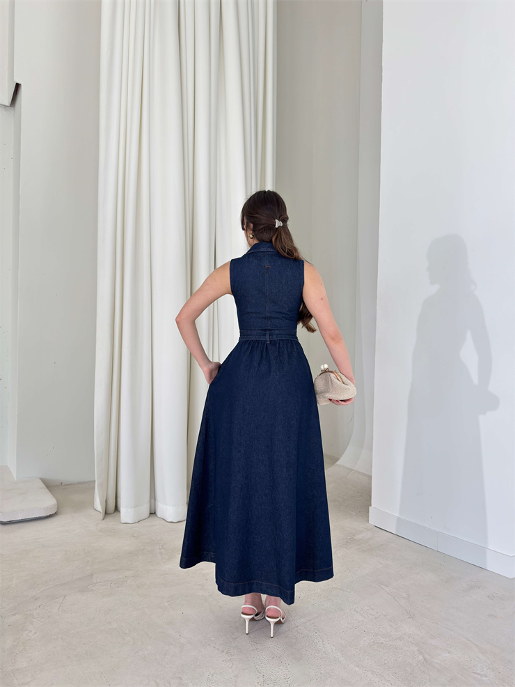 Sıfır Kol Kemerli Önü Düğmeli Belden Oturtmalı Genesis Kot Lacivert Kadın Elbise 26Y140