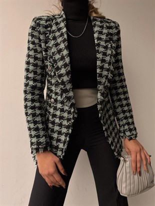 Yaka Ve kolları Püsküllü Kazayağı Desenli Kadın Mint Ceket 22K000035