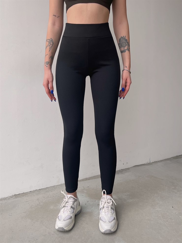 Geniş Kemerli Fitilli Kadın Siyah Tayt 22K000441