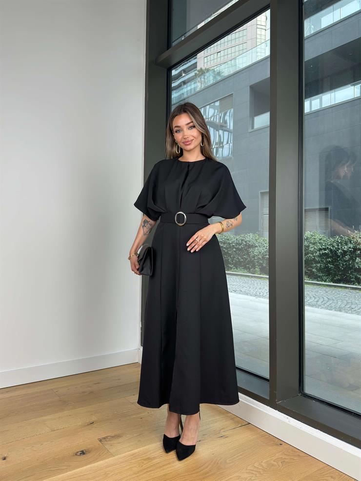 Geniş Kol Beli Kemerli Daril Kadın Siyah Midi Elbise 24Y511
