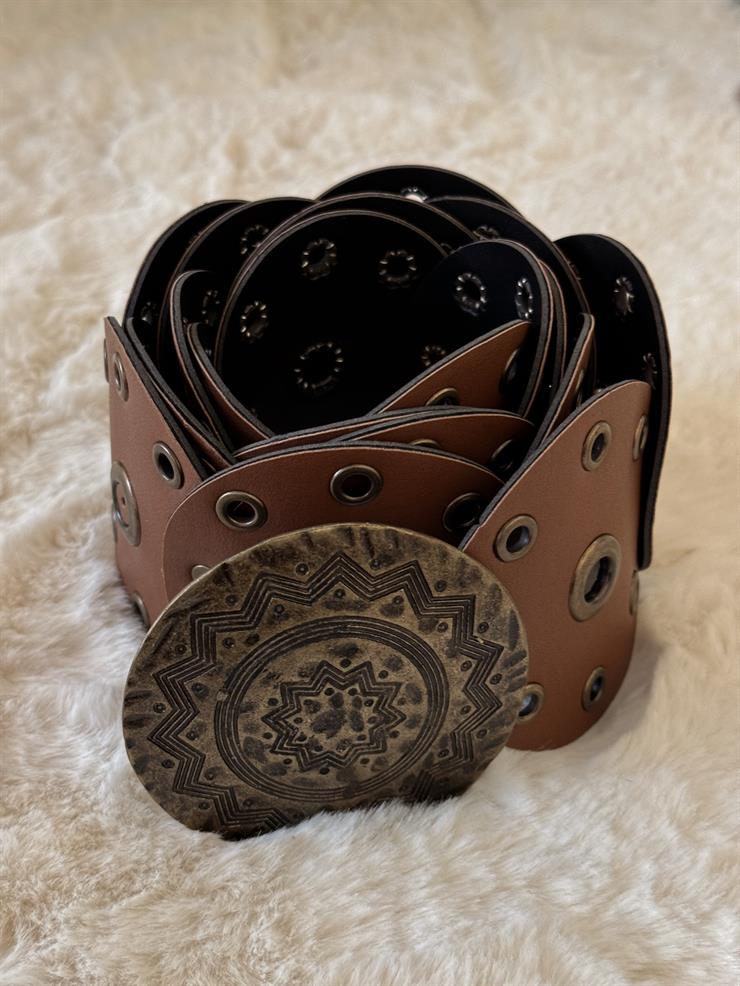 Geniş Kuş Gözlü Kadın Kahve Yaprak Kemer 25K109