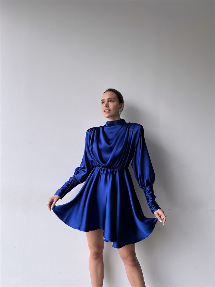 Geniş Manşet Dökümlü Yaka Lastik Bel Feliciano Kadın Saks Elbise 22K000070