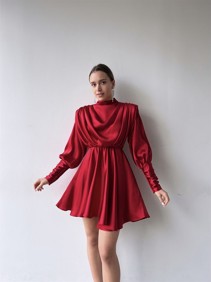 Geniş Manşet Dökümlü Yaka Lastik Bel Feliciano Kadın Kırmızı Elbise 22K000070