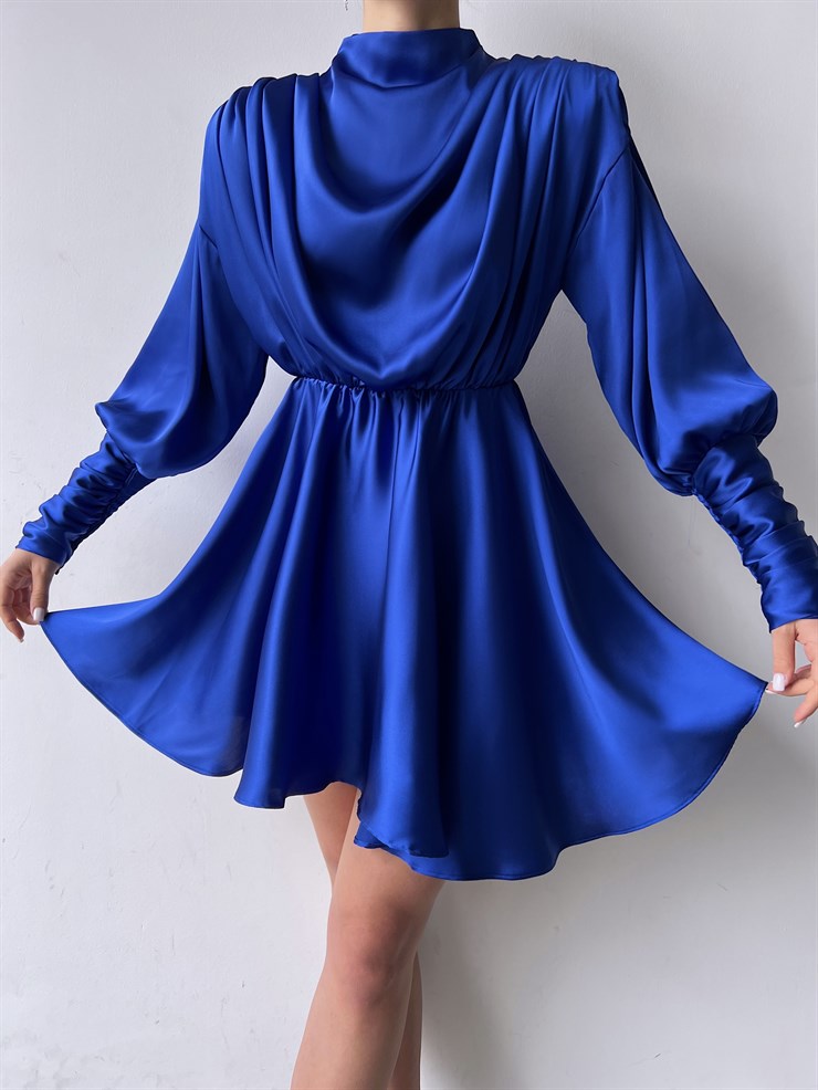 Geniş Manşet Dökümlü Yaka Lastik Bel Feliciano Kadın Saks Elbise 22K000070