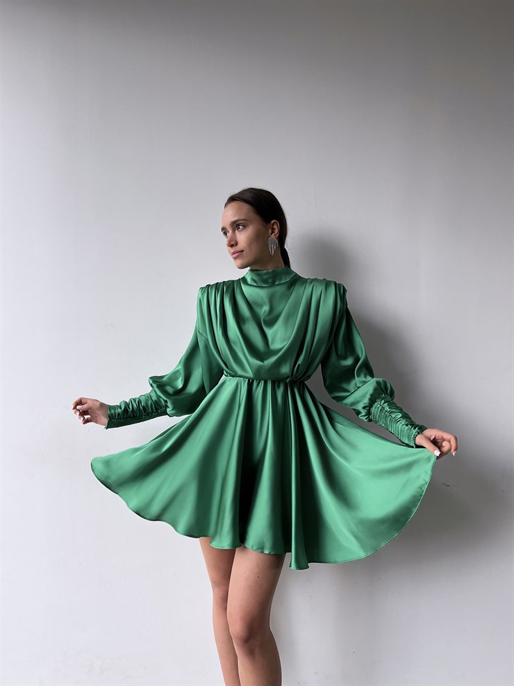 Geniş Manşet Dökümlü Yaka Lastik Bel Feliciano Kadın Yeşil Elbise 22K000070