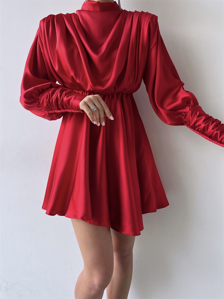 Geniş Manşet Dökümlü Yaka Lastik Bel Feliciano Kadın Kırmızı Elbise 22K000070